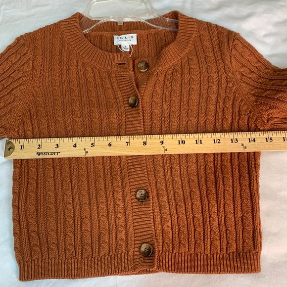 LeLis Collection Cropped Button Down Short Sleeve Cable Knit Cardigan Rust NWT S - Picture 4 of 9